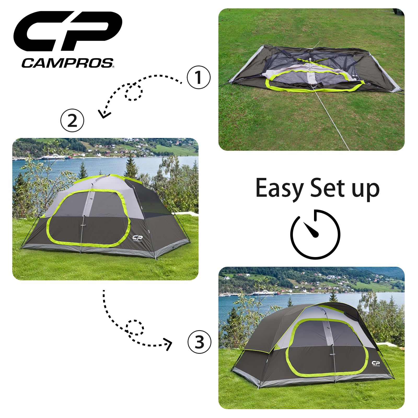 CAMPROS CP weather-ready setup image showcases full-coverage rainfly and guylines for stability.