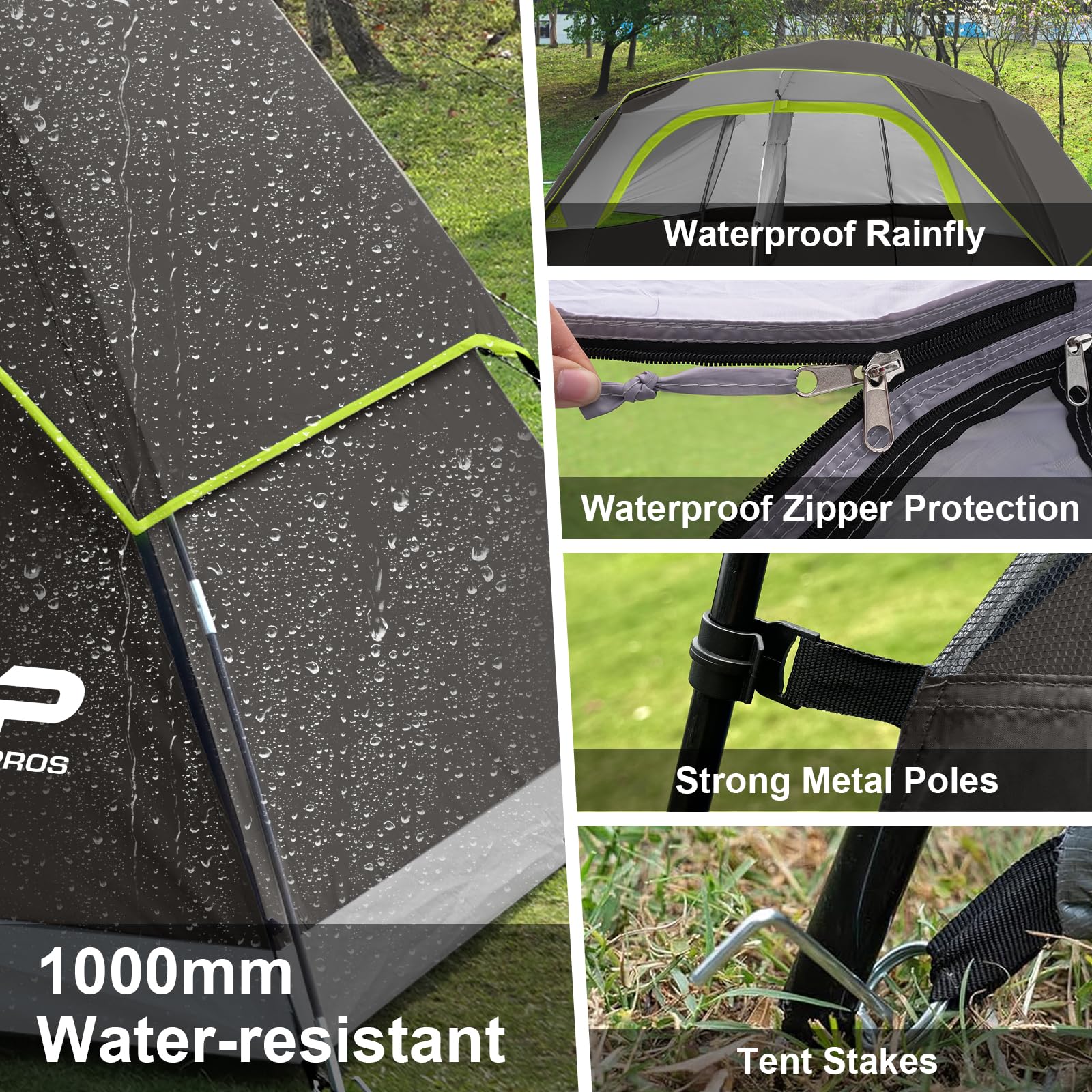 CAMPROS CP 8-person rainfly image highlights weatherproof protection and dry shelter.