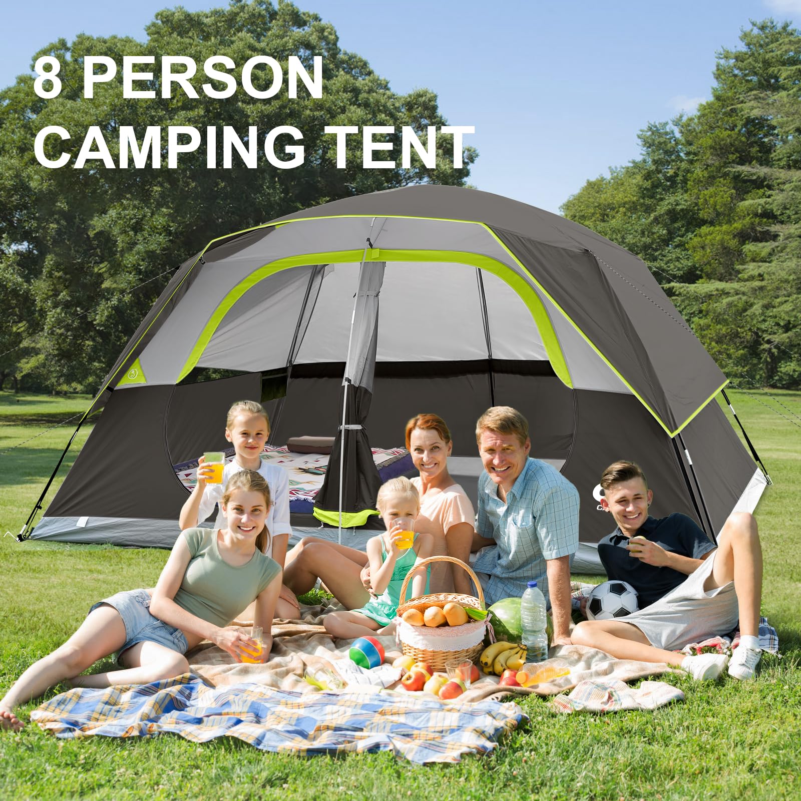 CAMPROS CP 8-person-tent fully-taped seams illustration highlights durability in all conditions.