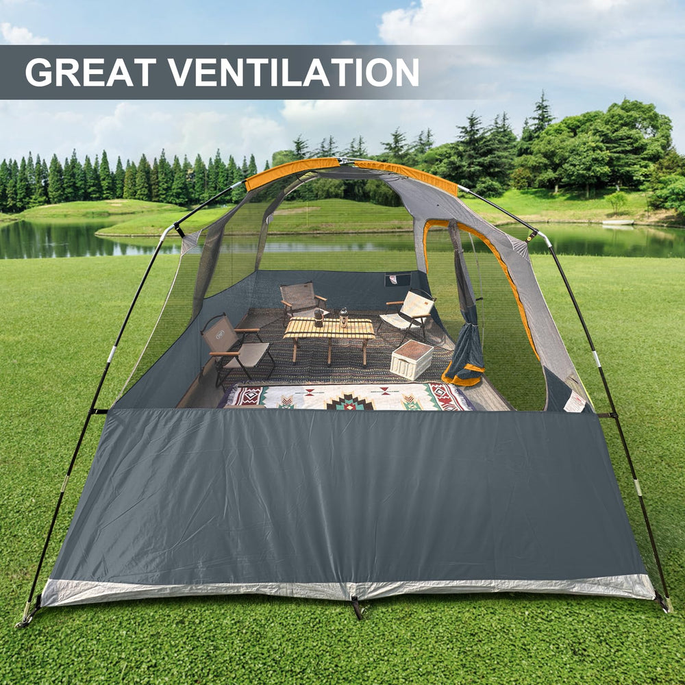 CAMPROS CP 8-person tent with wide door entry for easy gear movement.