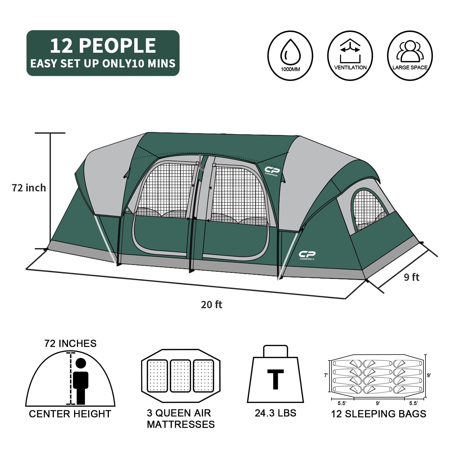 CAMPROS CP tent being pitched to highlight quick setup under 10 minutes