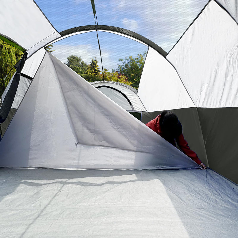 CAMPROS CP Tent easy setup shows two people assembling in about five minutes