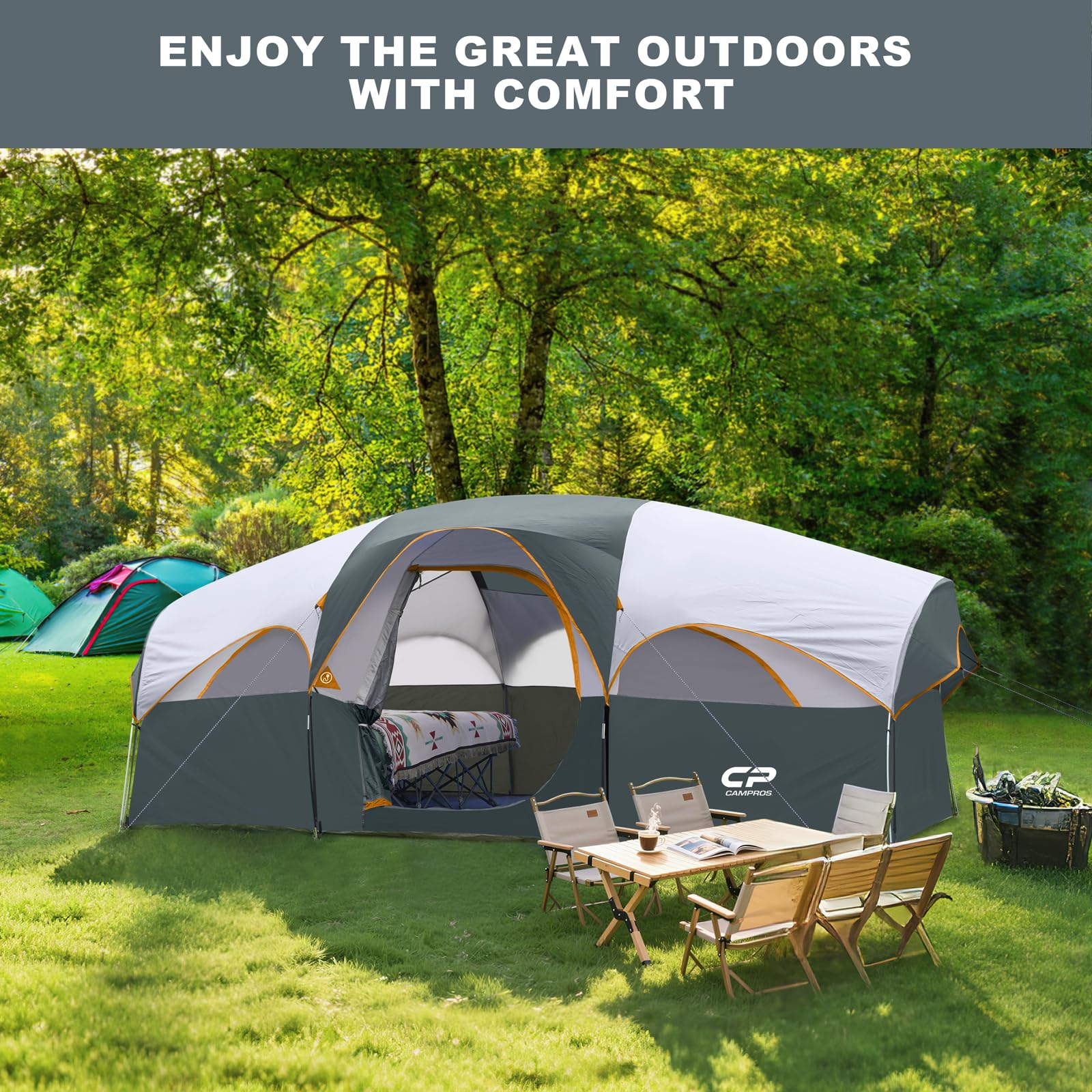 CAMPROS CP 8-person tent large mesh windows for daylight views and airflow