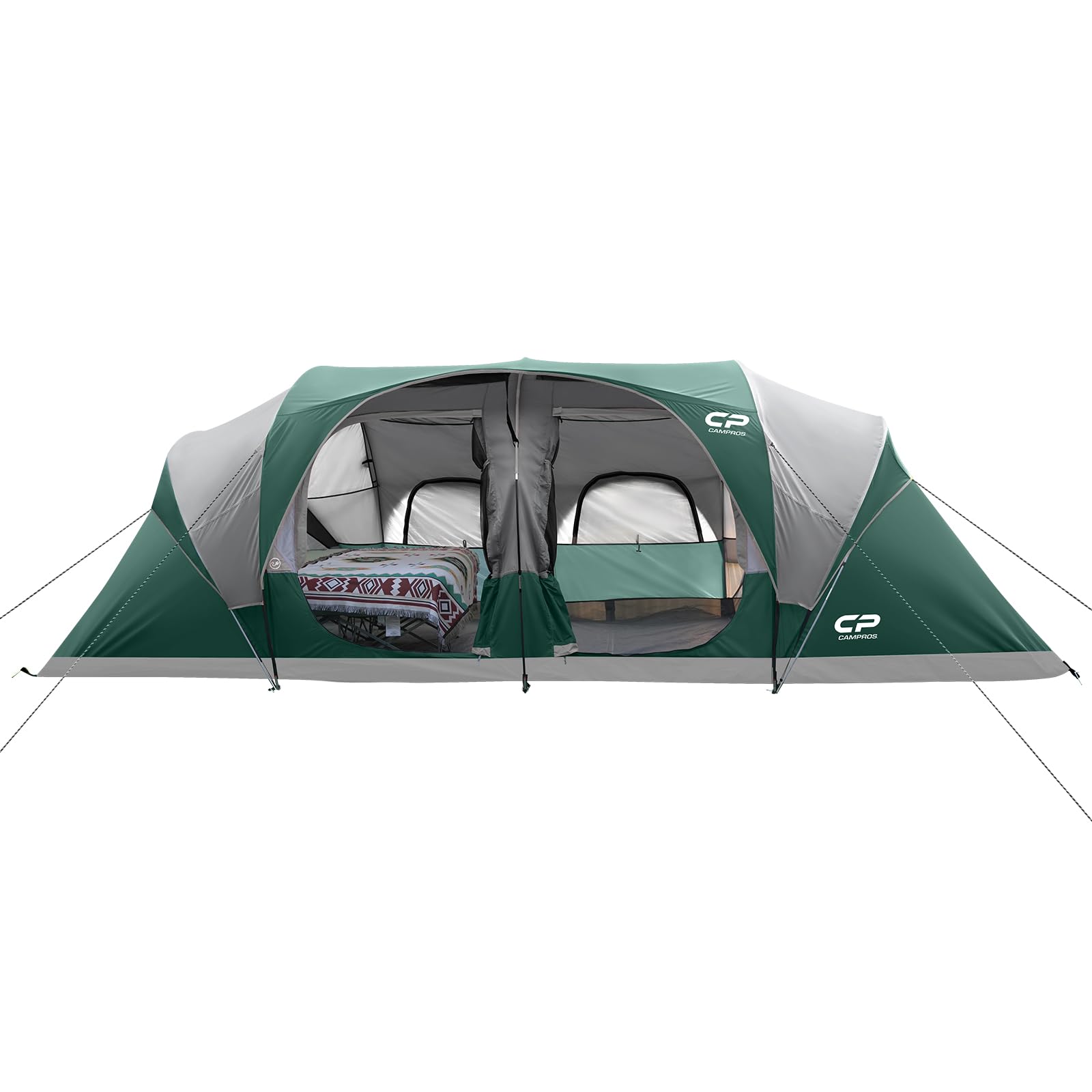 CAMPROS CP 12-person tent front view showing spacious cabin design for family camping