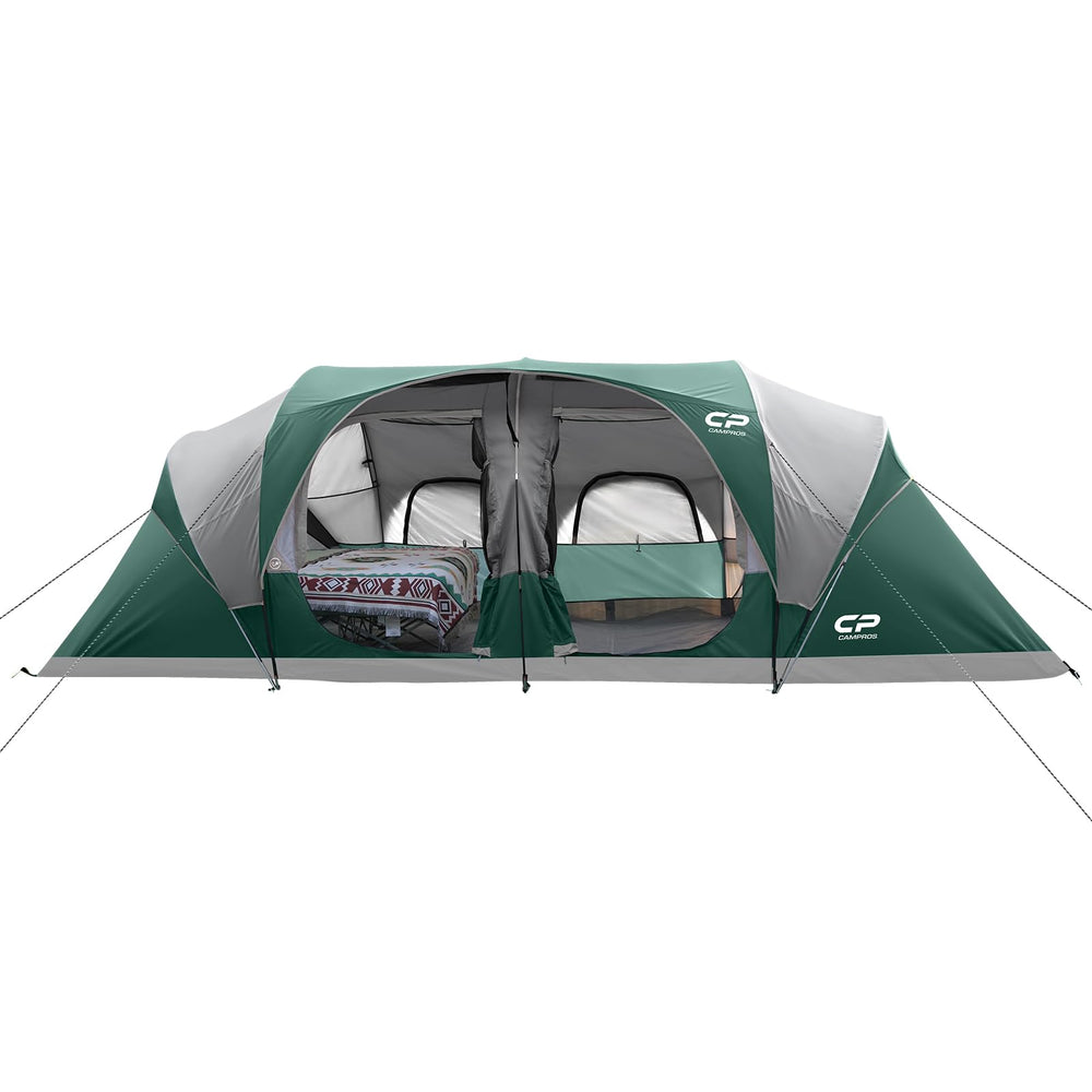 CAMPROS CP 12-person tent front view showing spacious cabin design for family camping