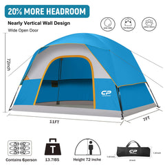 CAMPROS CP tent interior 72-inch ceiling provides ample headroom for six campers.