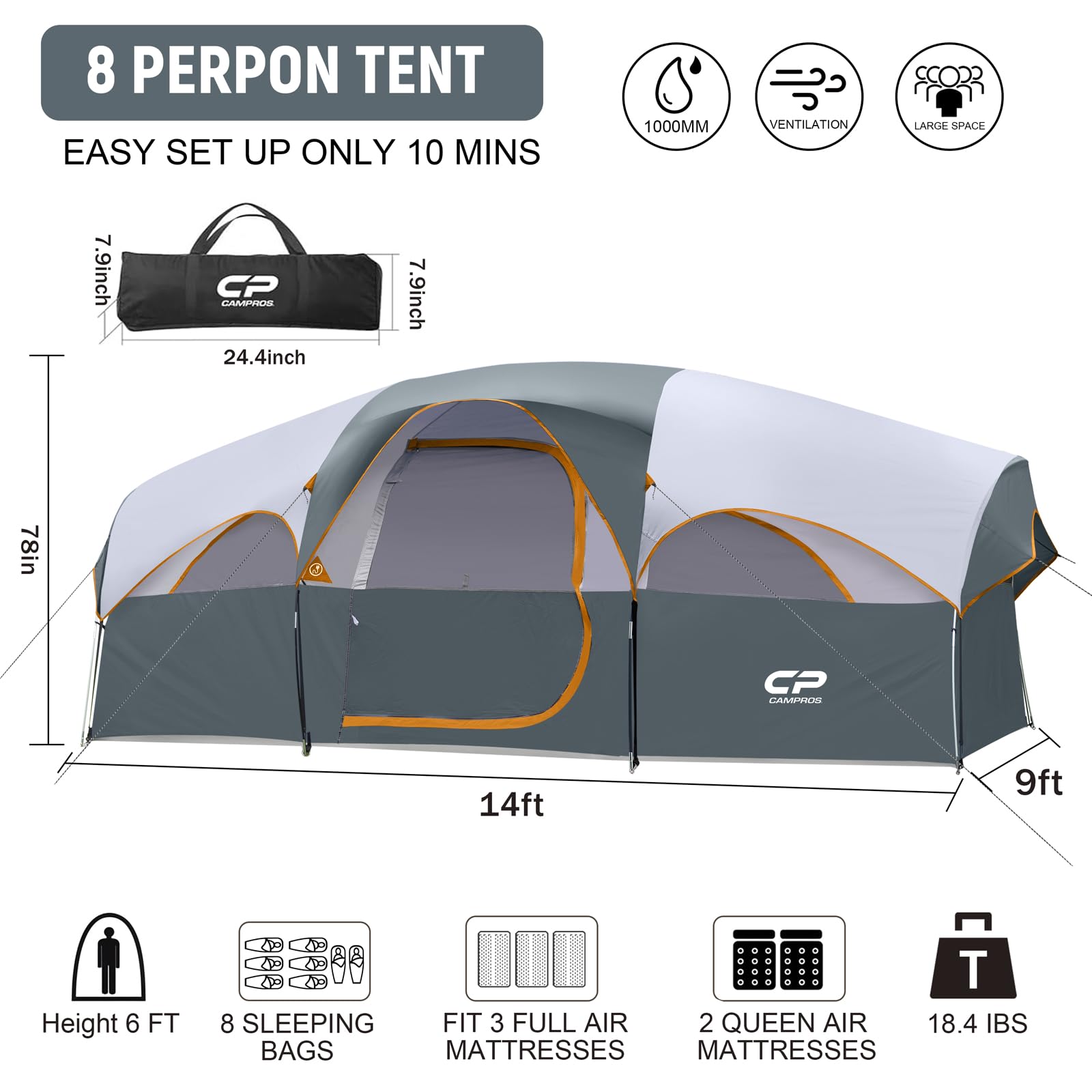 CAMPROS CP 8-person tent interior spacious 72-inch center height for easy movement