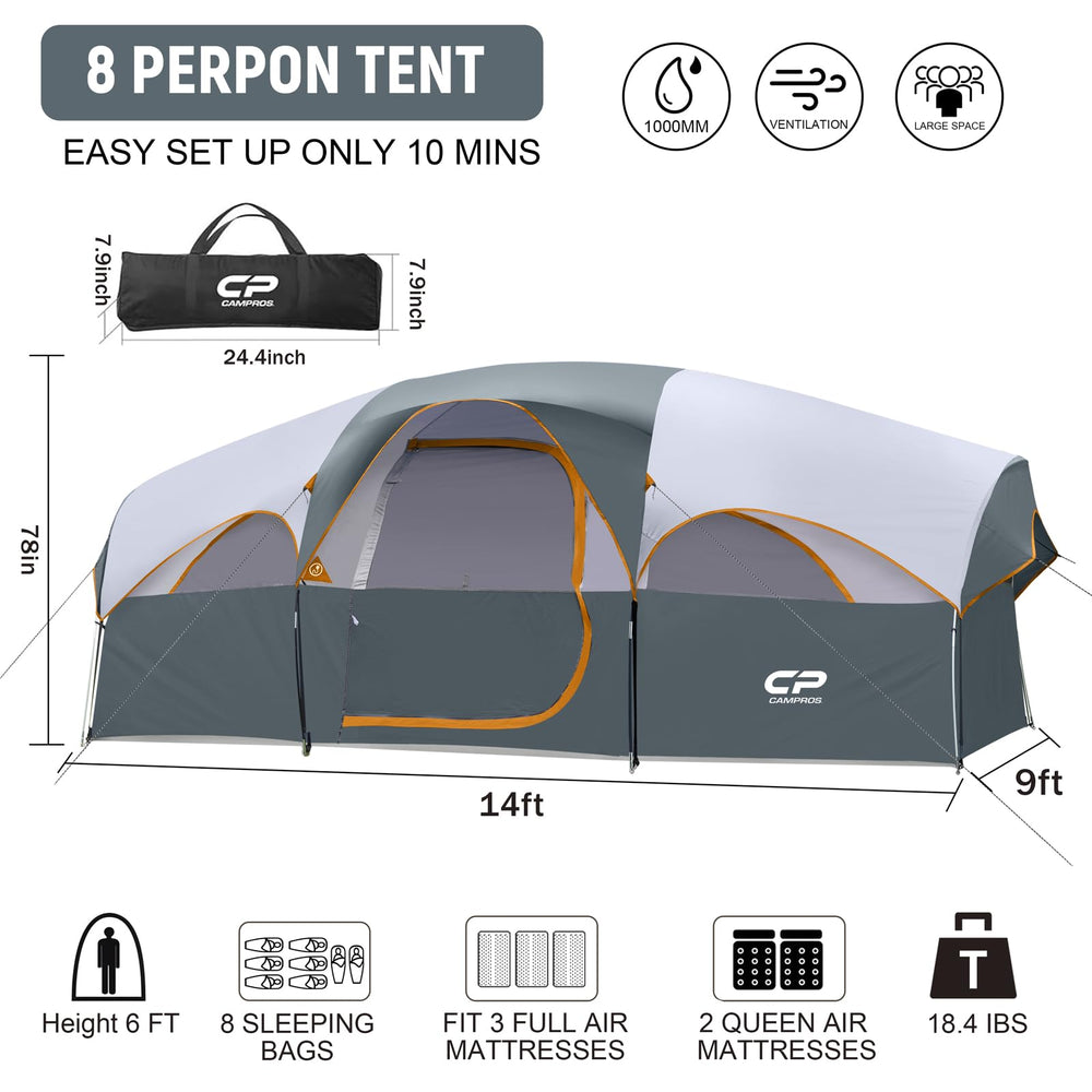 CAMPROS CP 8-person tent interior spacious 72-inch center height for easy movement