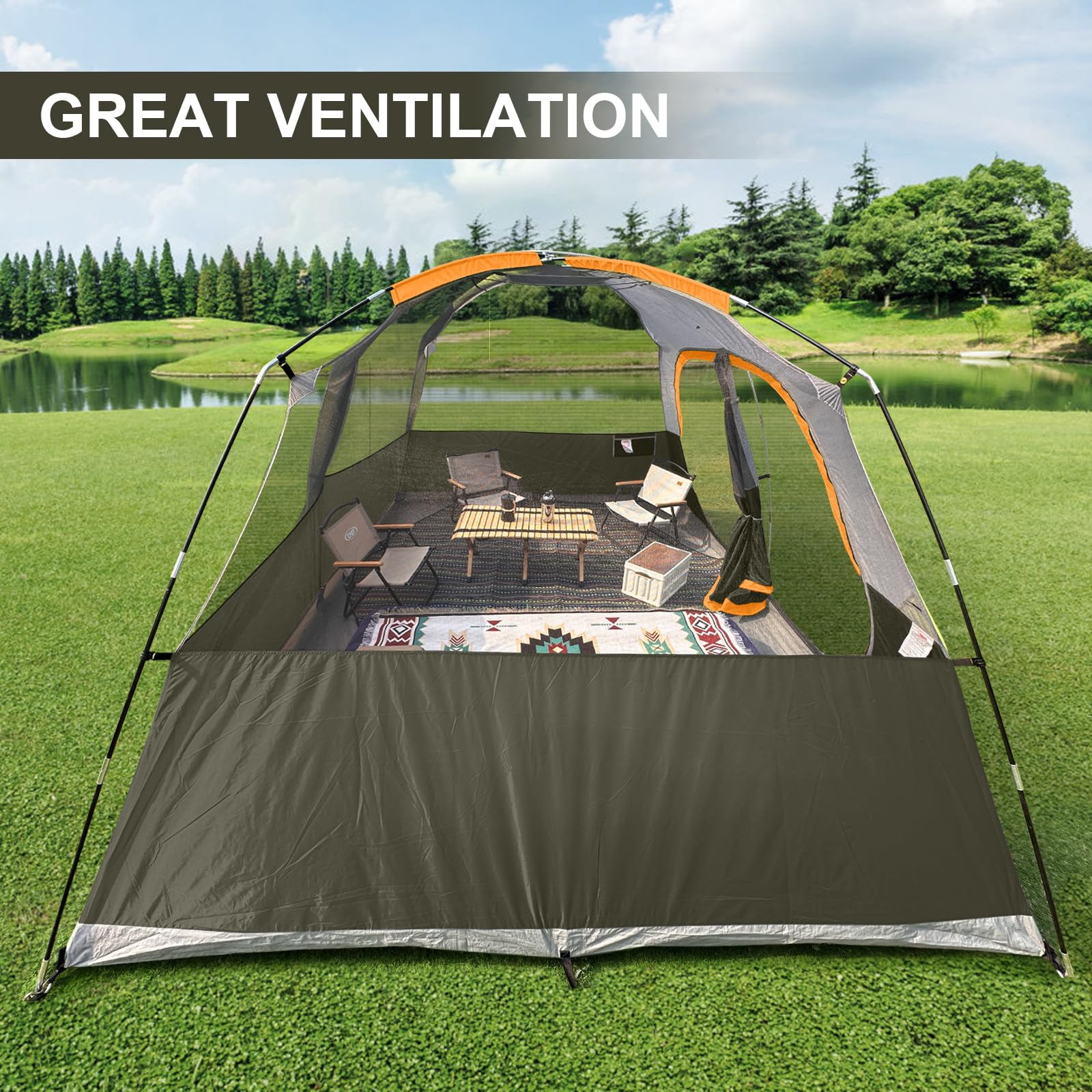 CAMPROS CP tent olive mesh windows enable cross-ventilation and stargazing.