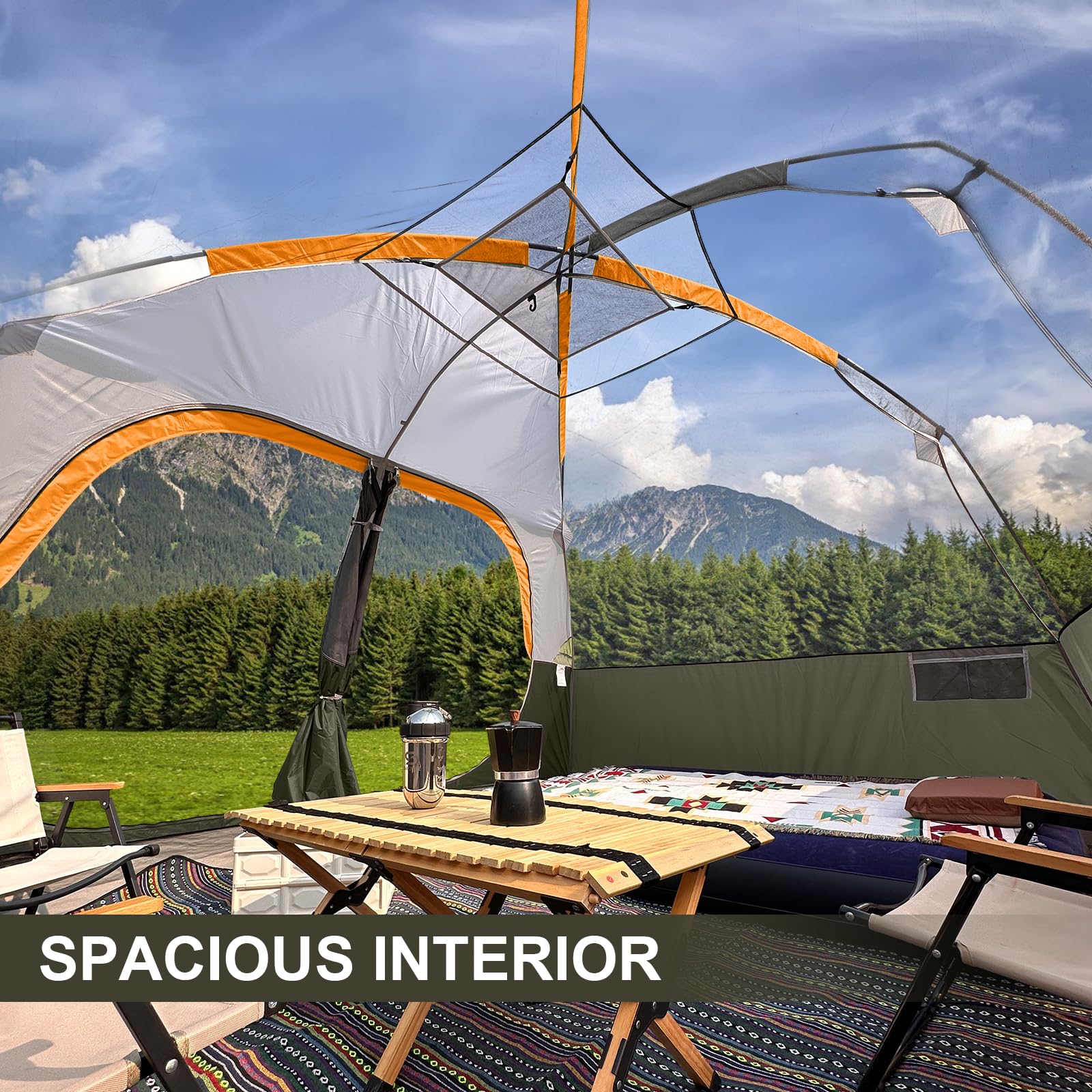 CAMPROS CP tent olive reinforced stakes ensure stability in windy conditions.