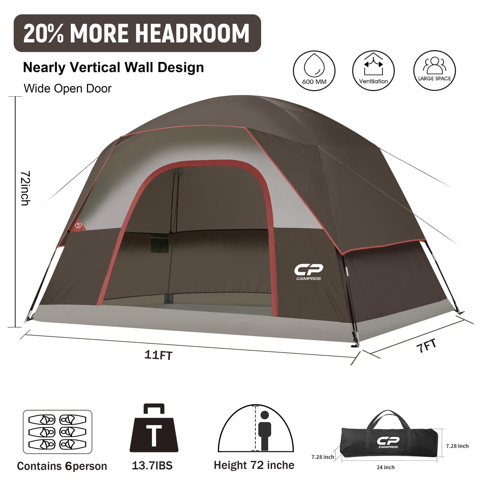 CAMPROS CP tent quick-setup two-people shows fast assembly for tired hikers