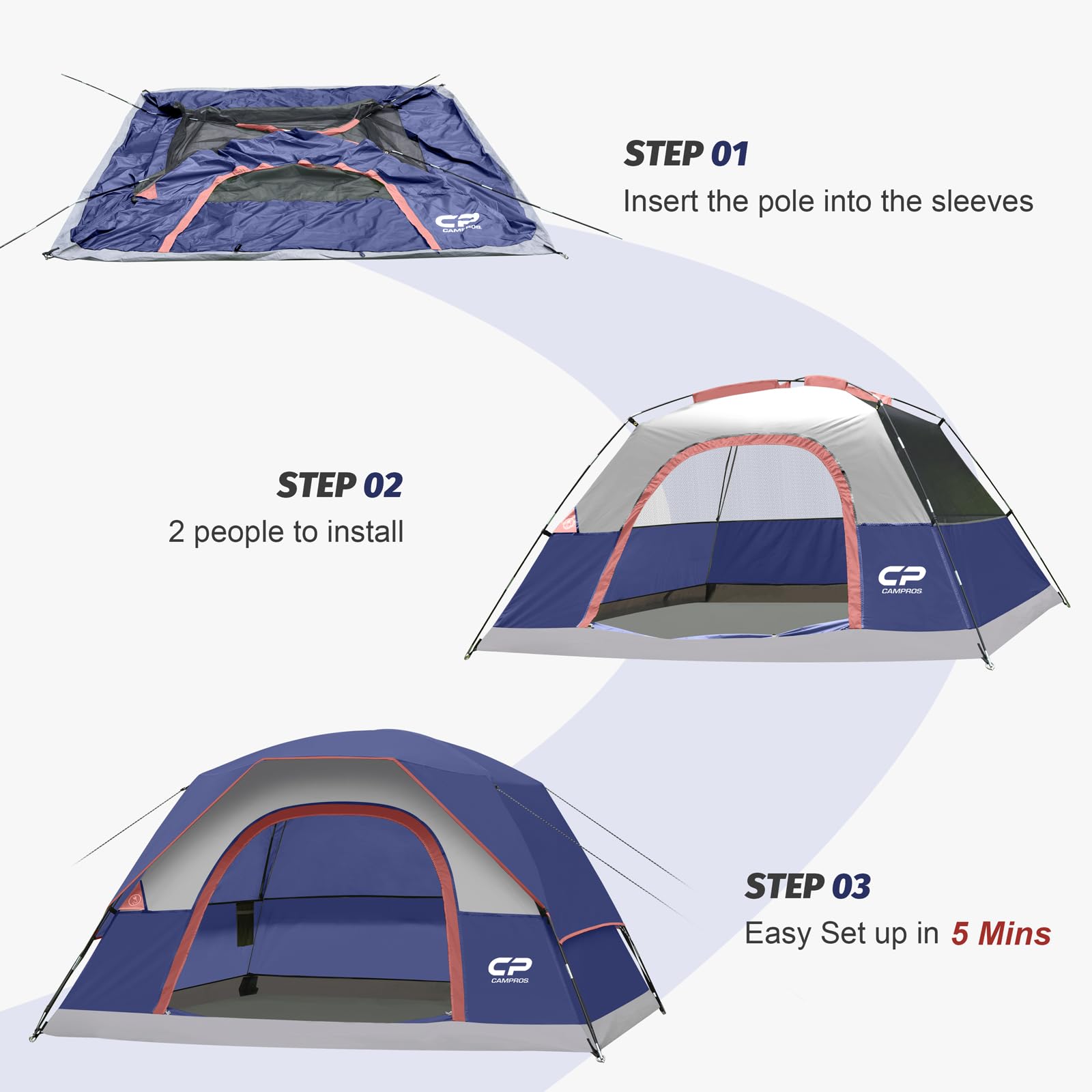 CAMPROS CP tent setup by two people in minutes demonstrates ease of assembly