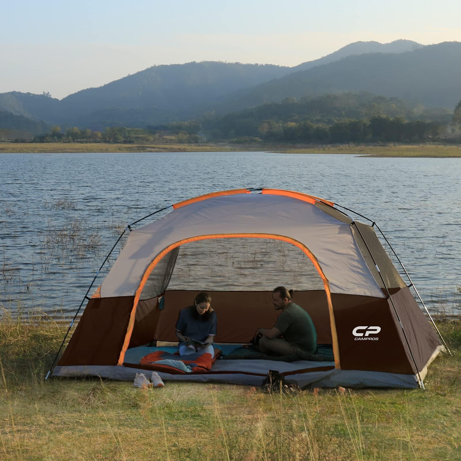 CAMPROS CP rainfly-attached guylines stabilize tent in breezy conditions