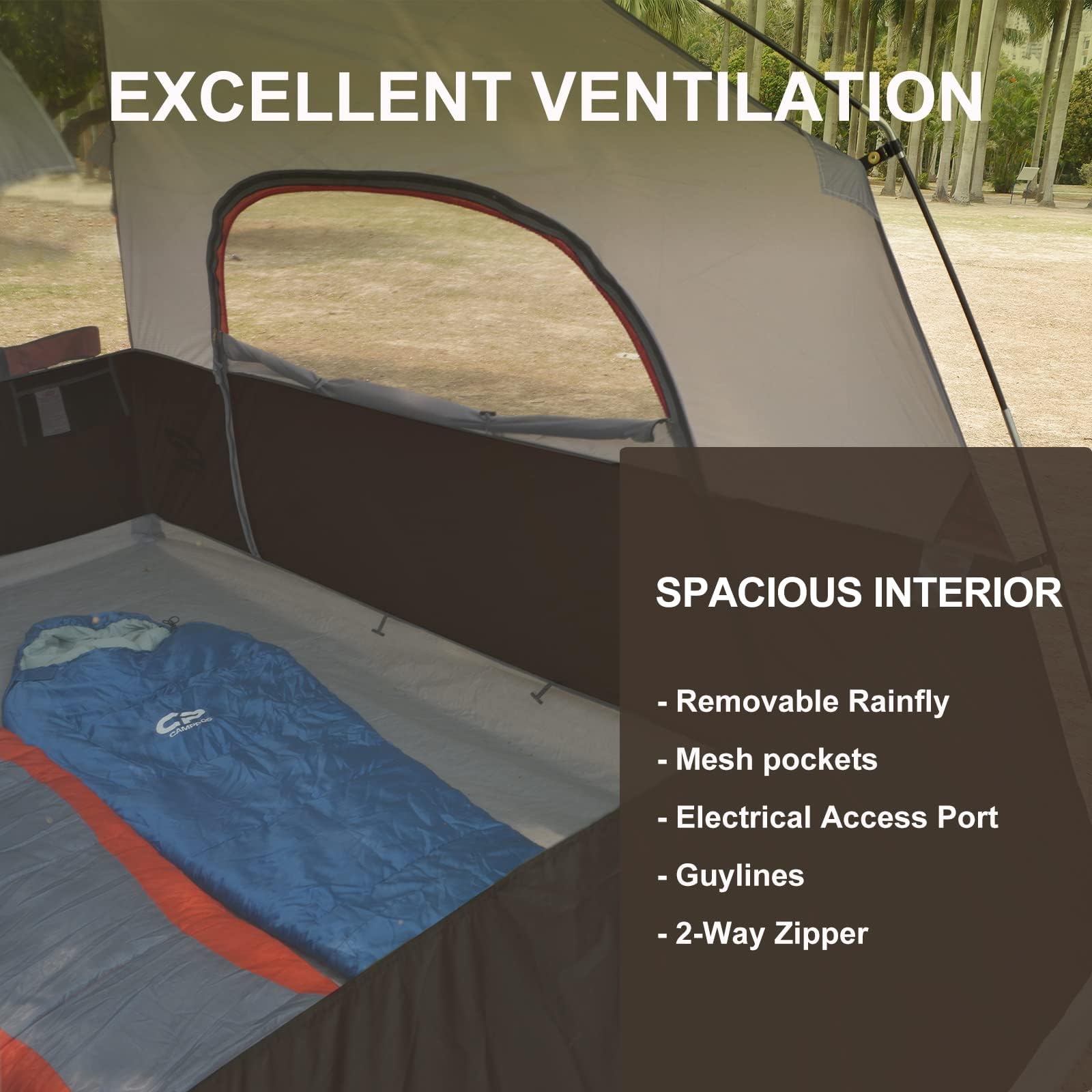 CAMPROS CP reinforced corners and fiberglass poles boost durability on rough camping trips