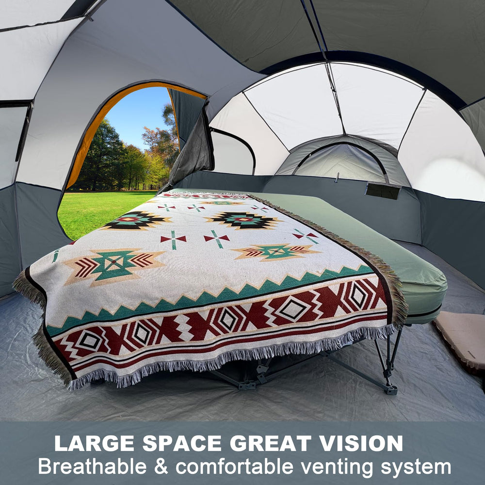 CAMPROS CP 8-person tent two-room layout with curtain divider privacy and projector screen