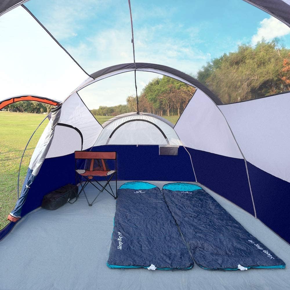 CAMPROS CP tent-8person blue carry bag ready for portable transport and storage.