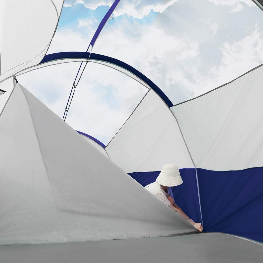 CAMPROS CP tent-8person blue interior divider demonstrates two-room privacy and flexibility.