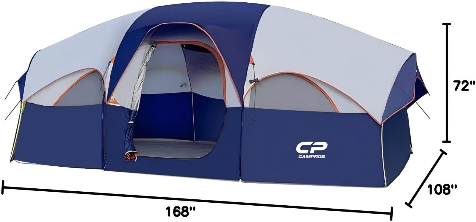 CAMPROS CP tent-8person blue quick setup with two people in about 10 minutes.