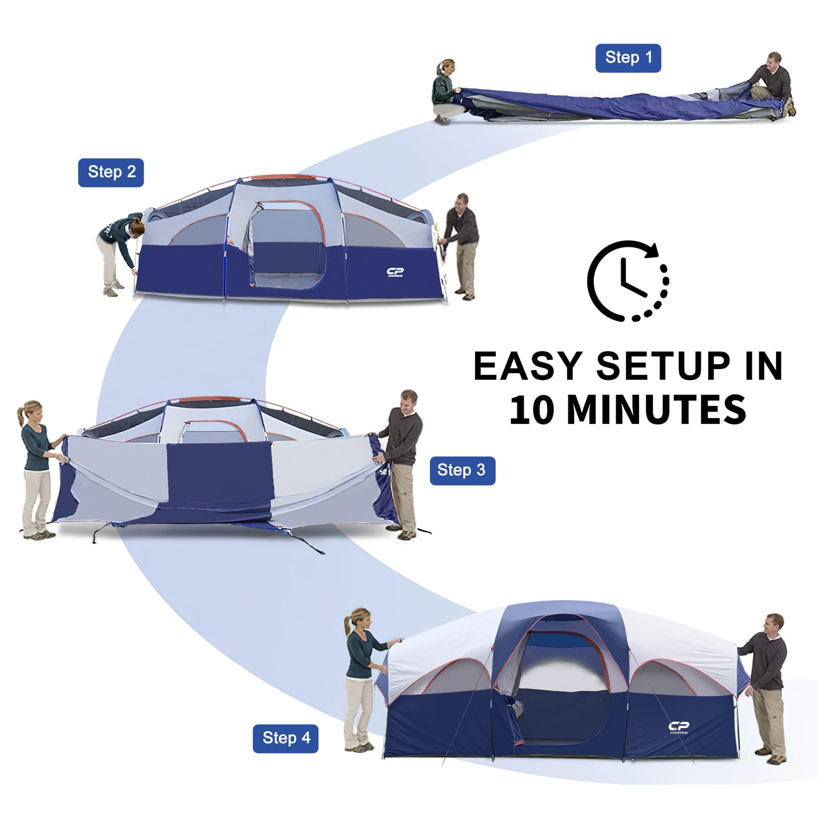 CAMPROS CP tent-8person blue side entrance provides easy access and ample airflow.