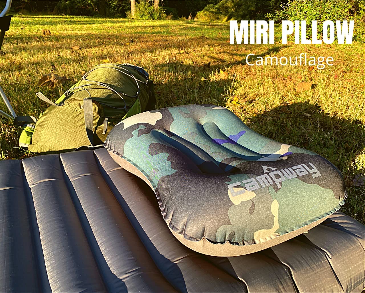 CAMPWAY Ultralight Pillow inflated to full size for cushioned neck support.