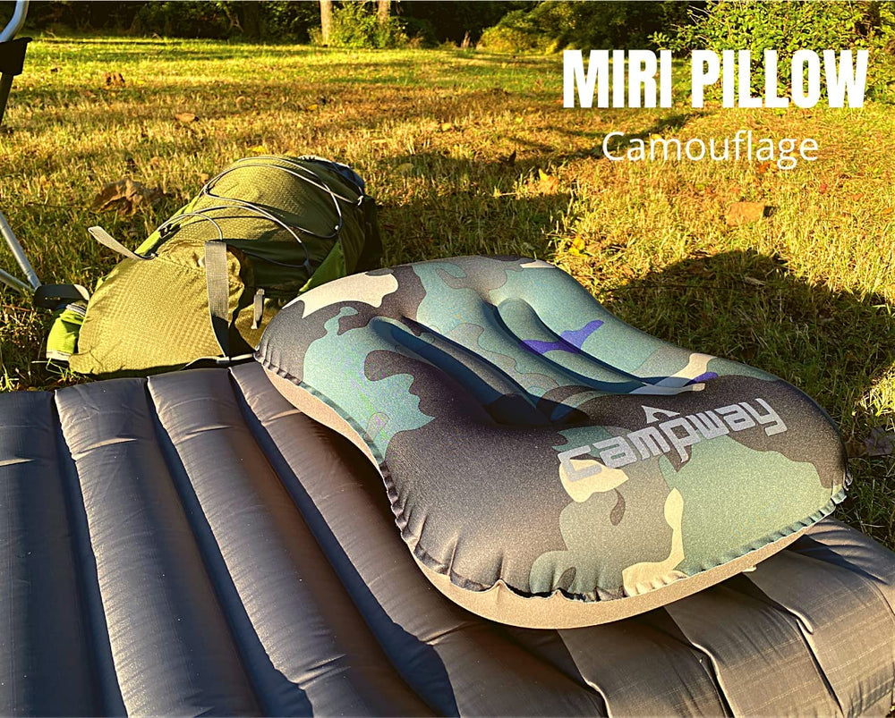 CAMPWAY Ultralight Pillow inflated to full size for cushioned neck support.