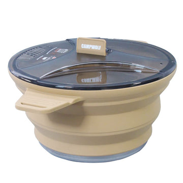 CAMPWOLF 2.5L collapsible cook pot closed for compact packing on hikes.
