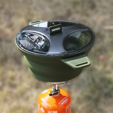 CAMPWOLF device showing dimensions, 8.8 inch diameter and 4.5 inch height in use.