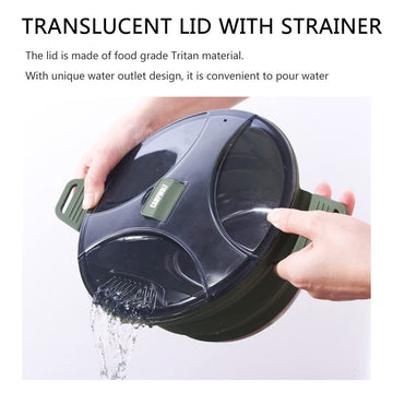 CAMPWOLF collapsible pot lid with strainer closeup, handy for draining pasta or veggies.