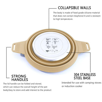 CAMPWOLF packable camping pot shown in a backpack for space-saving trips.