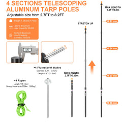 CAMULAND heavy-duty aluminum tarp pole supports winds for shelters.