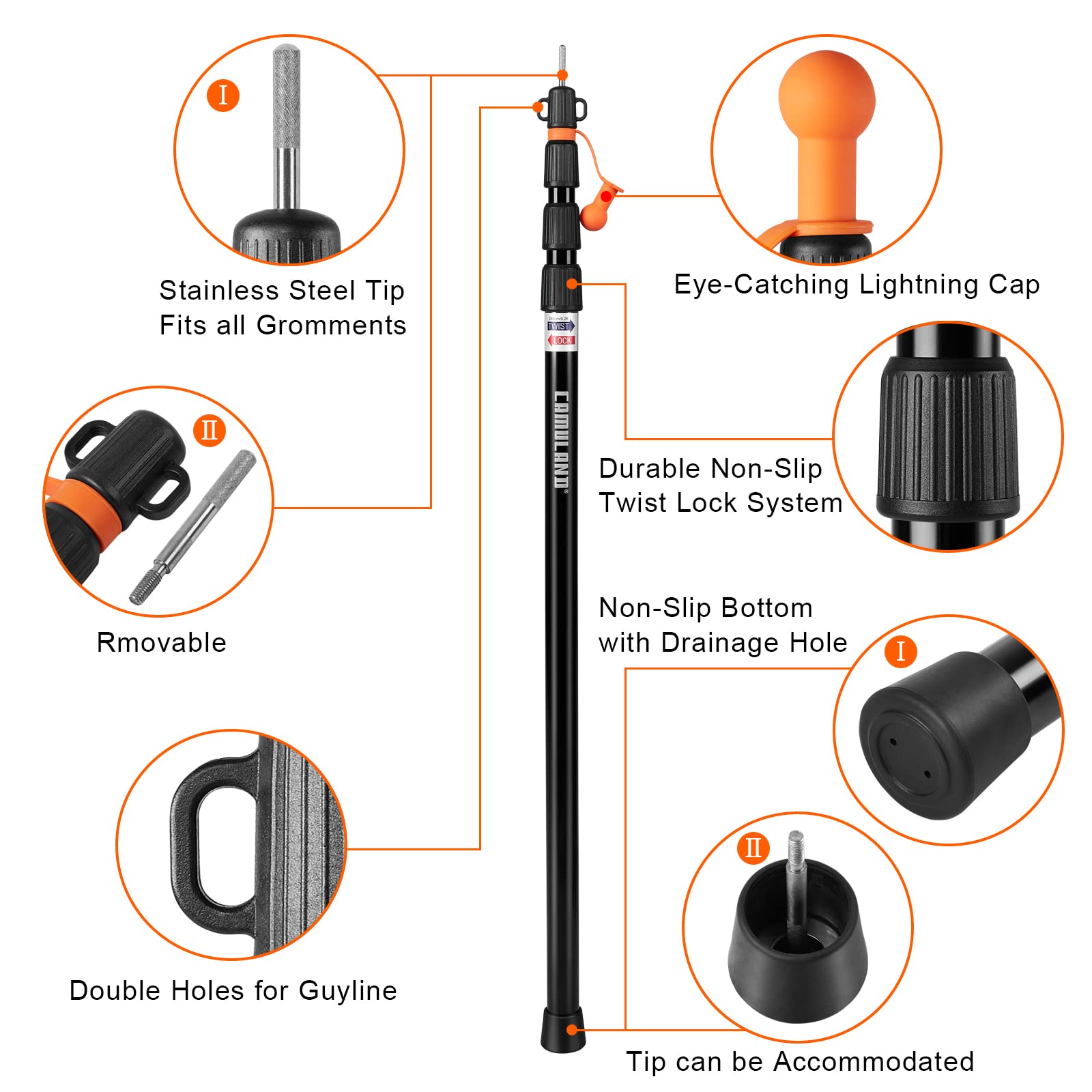 CAMULAND tarp pole four-segment-lock displays sturdy twist-lock for quick height changes