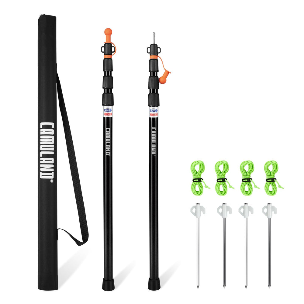 CAMULAND tarp poles set of 2 in carry bag for portable camping setup.