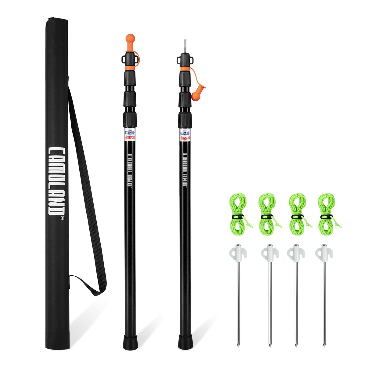 CAMULAND tarp poles set of 2 in carry bag for portable camping setup.
