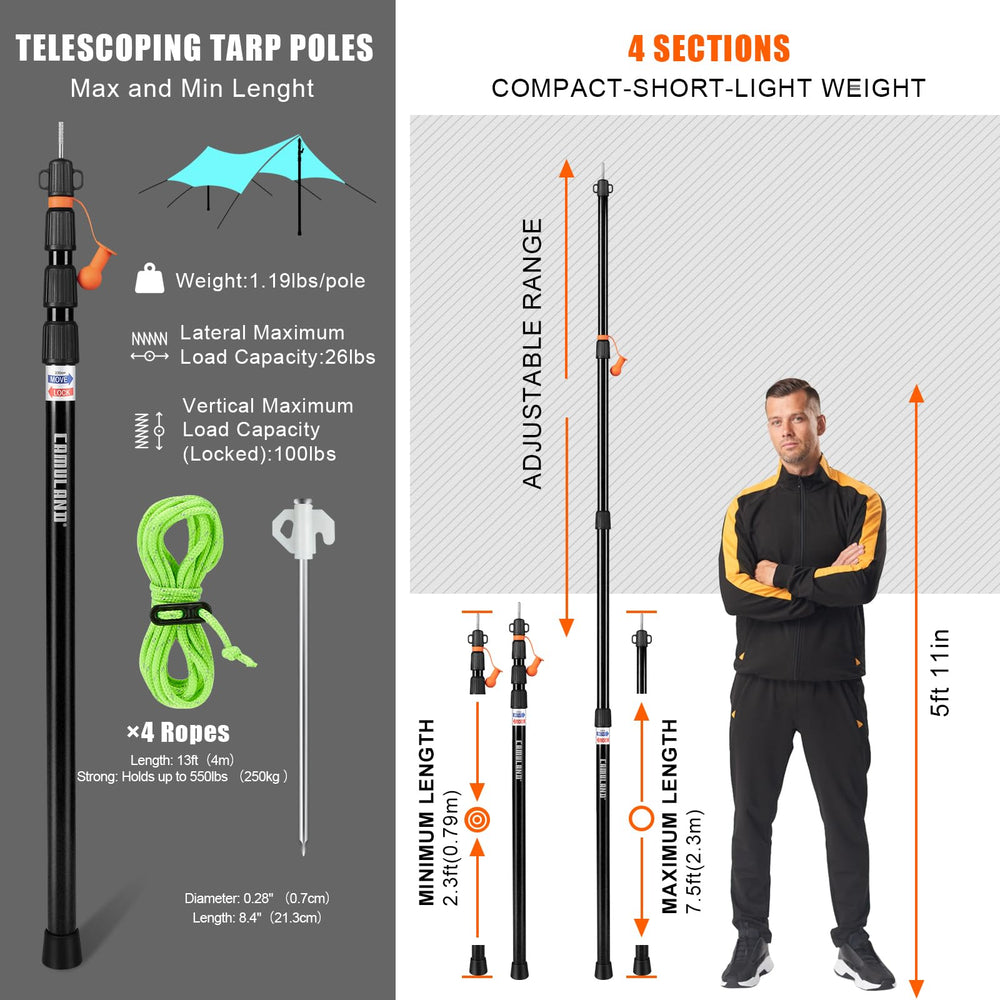 CAMULAND tarp poles twist-lock system close-up highlights quick height adjustments.