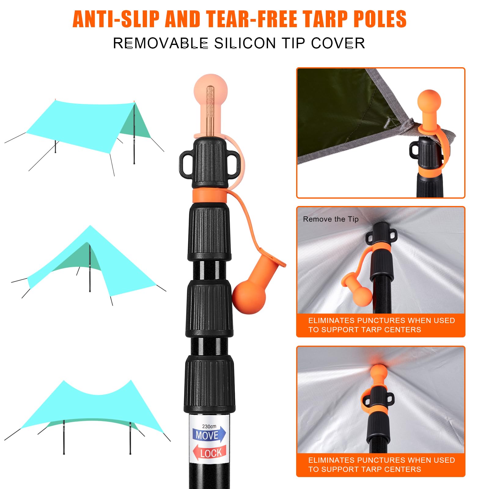 CAMULAND tarp poles weep holes prevent water pooling during rain.