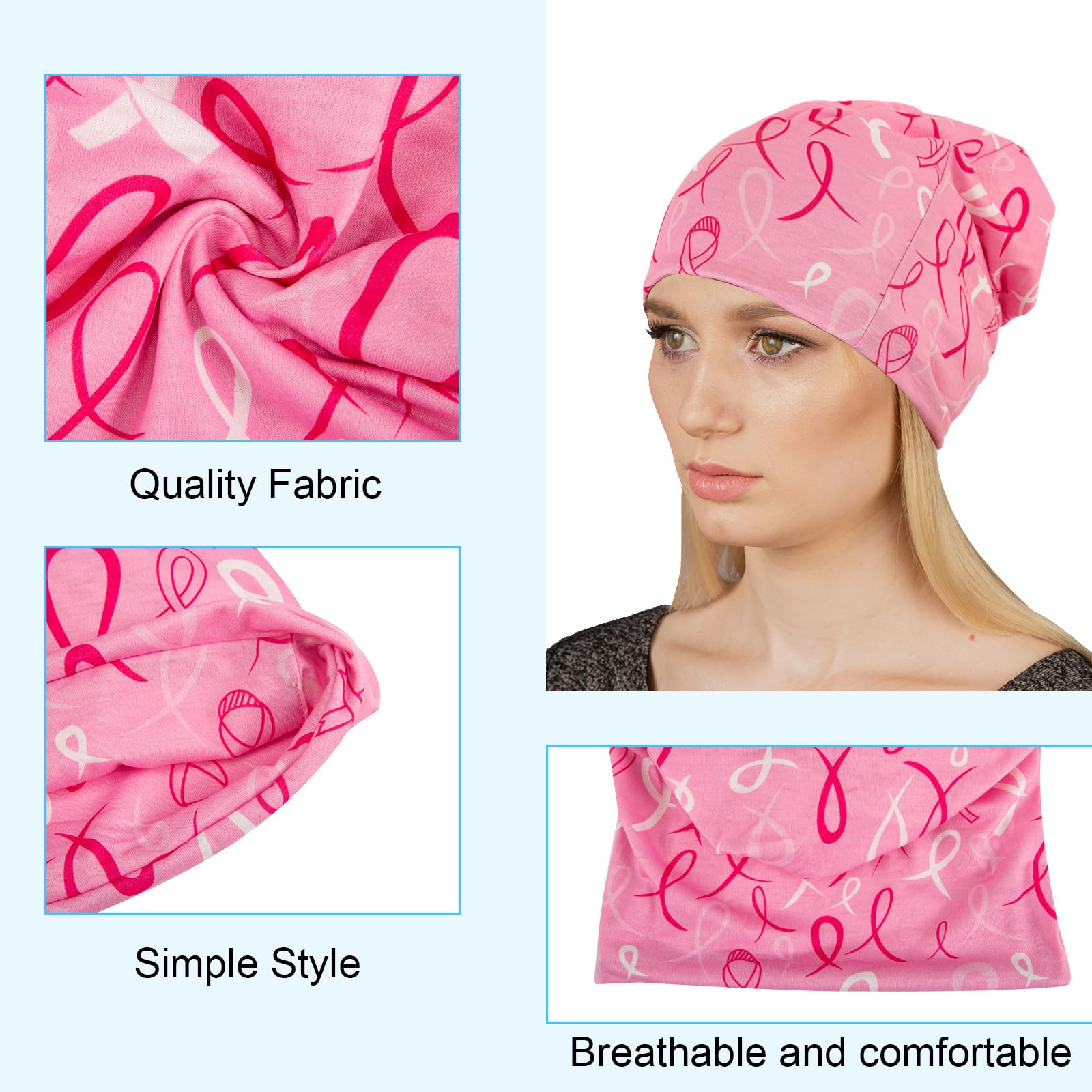 Close-up of cancer headwear knitted hat in pink