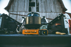 CanCooker burner shown with carry case simplifies packing for trips.