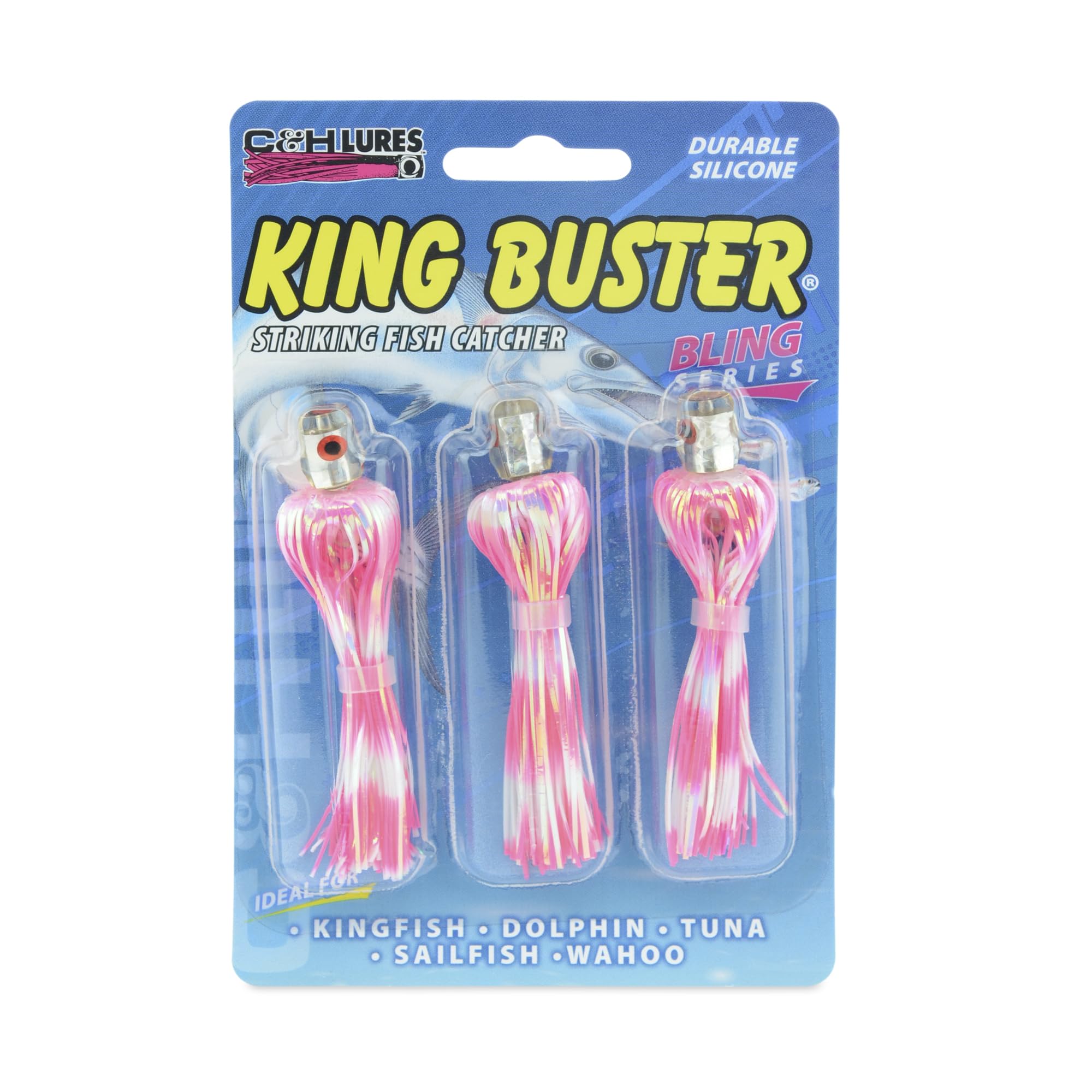 C&H Lures King Buster Bling with pink-white skirt shows holographic shine attracted distant fish
