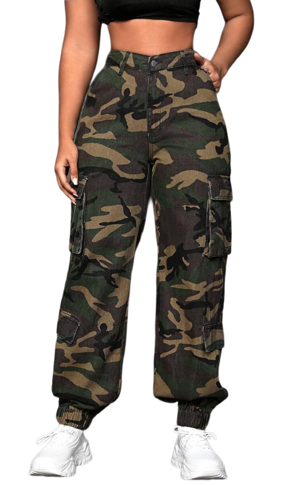 CaniBtr camo pants front view shows a flattering high-waisted silhouette for daily casual wear.
