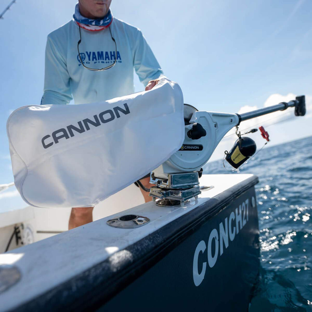 Cannon Downrigger Cover in white UV-resistant material stays cooler and resists sun damage.