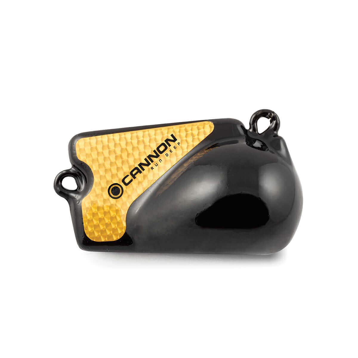 Cannon downrigger weight with prism-tape fin boosts visibility and attracts fish.