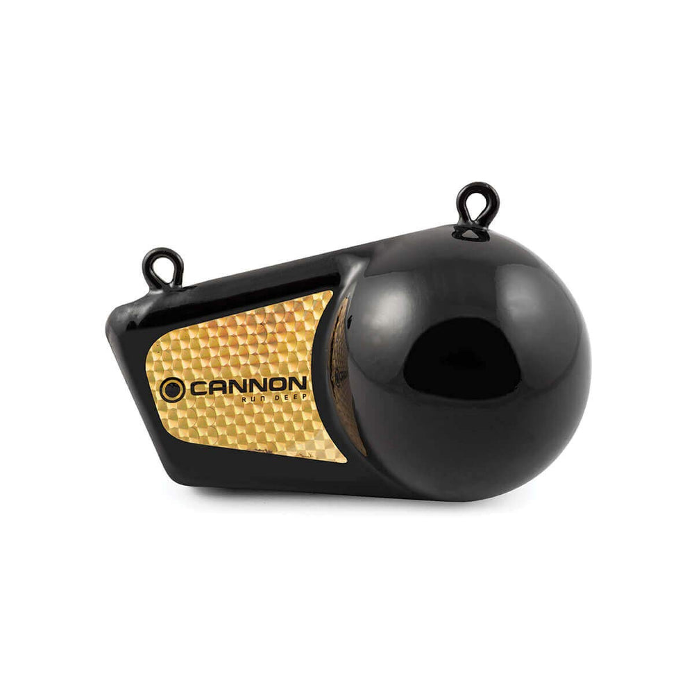 Cannon downrigger weight fin with reflective prism tape attracts fish from a distance.