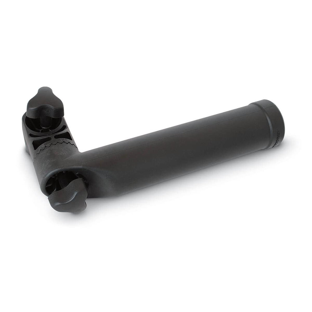 Cannon rail mount adapter on boat rails enables secure rod mounting.
