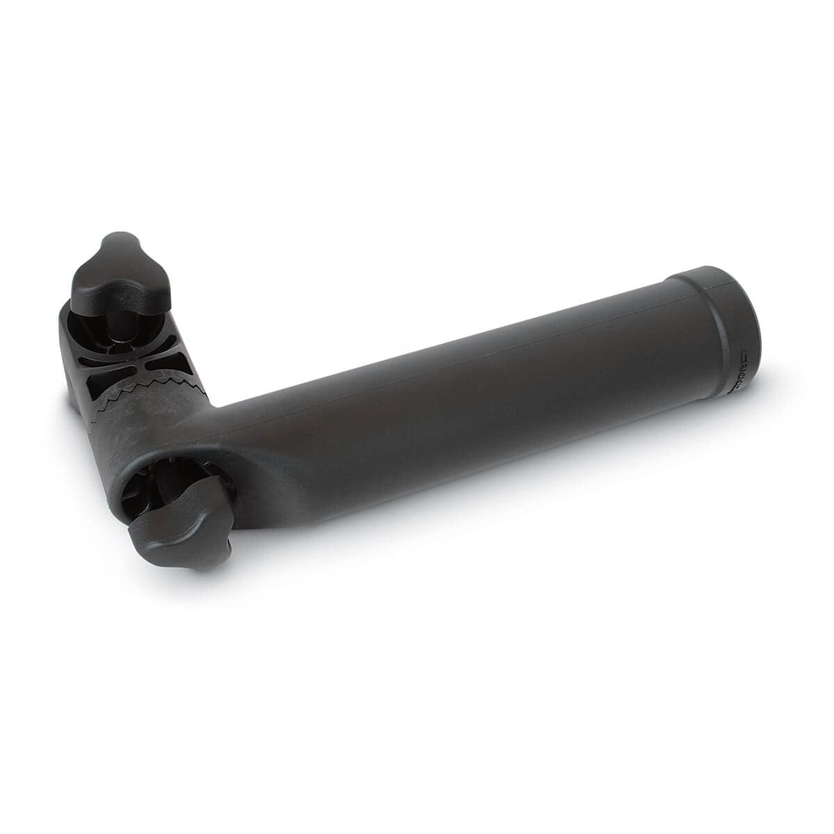 Cannon rail mount adapter on boat rails enables secure rod mounting.