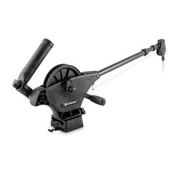 Cannon Uni-Troll 10 STX boom extended for precise bait placement on small boats.