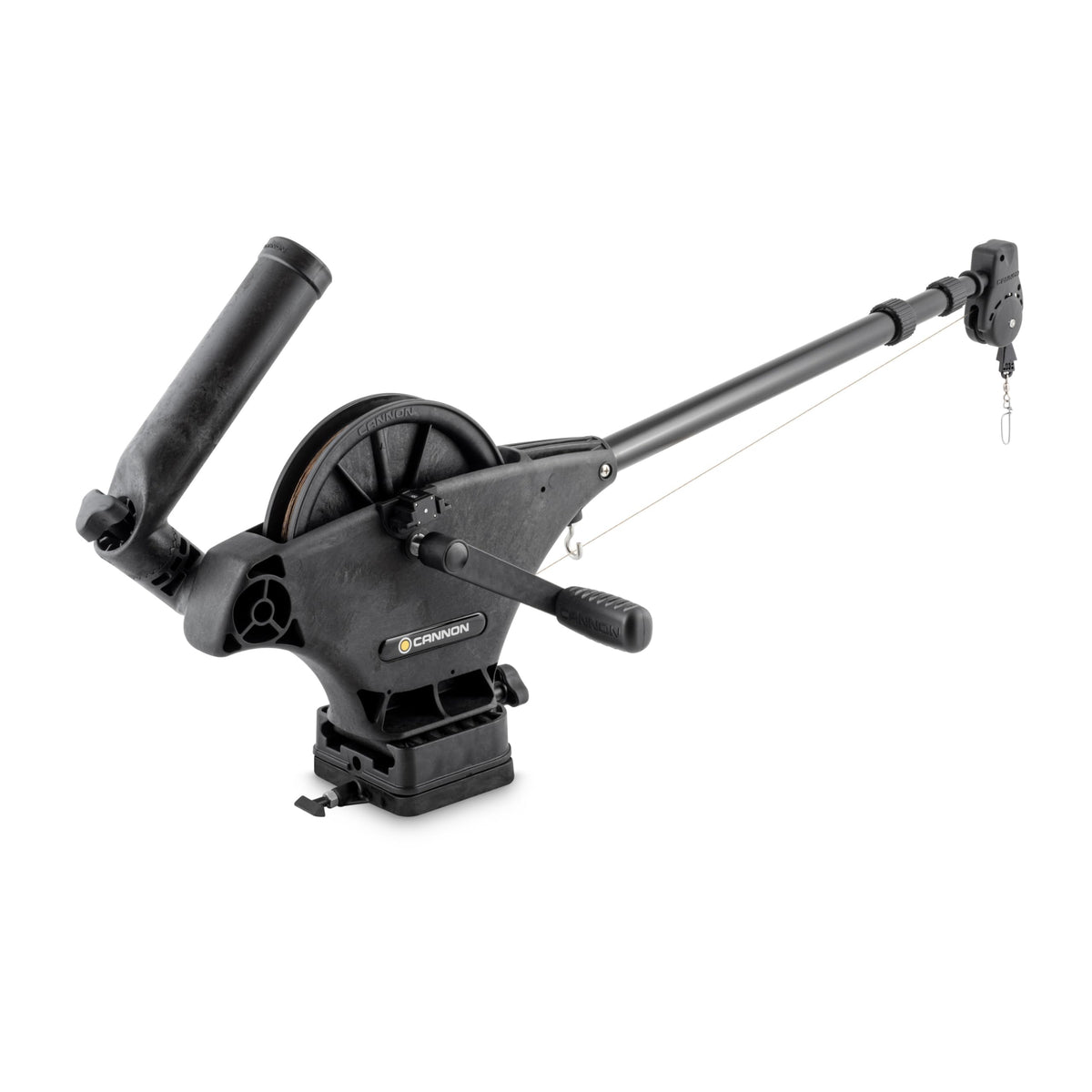 Cannon Uni-Troll 10 STX boom extended for precise bait placement on small boats.