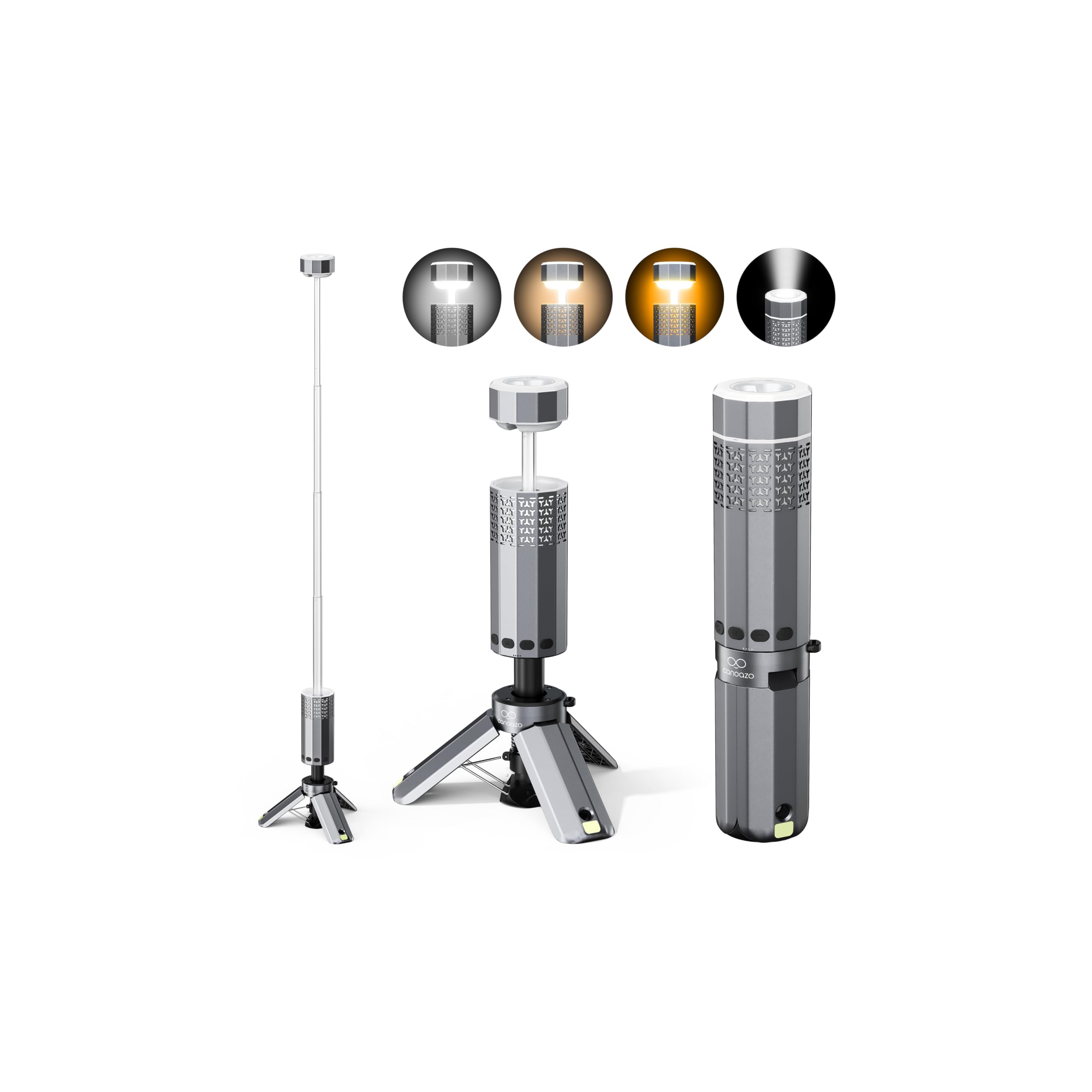 Canoazo rechargeable camping light in full assembly ready to illuminate a campsite