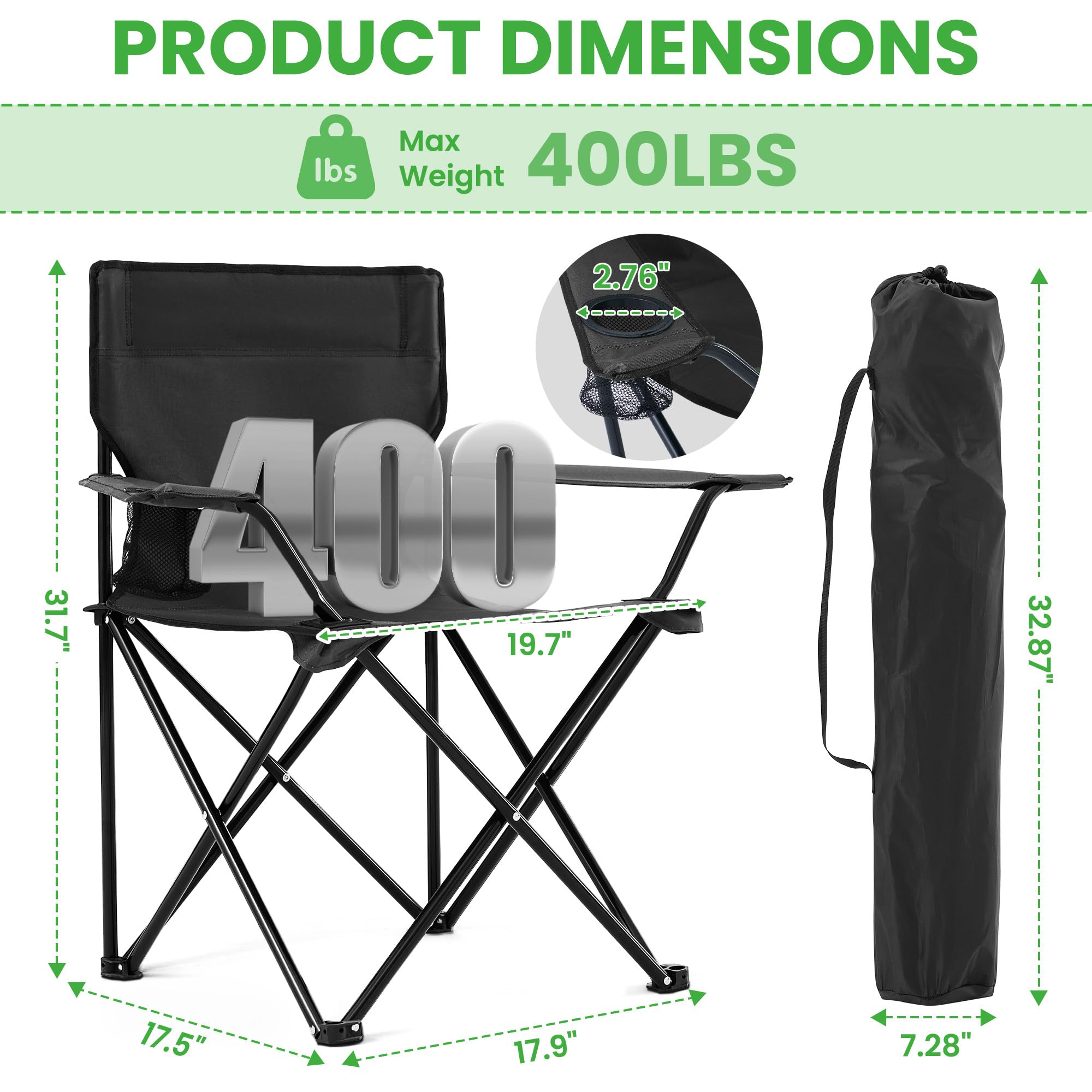 Canpsky chair folded in carry bag for compact trunk storage.