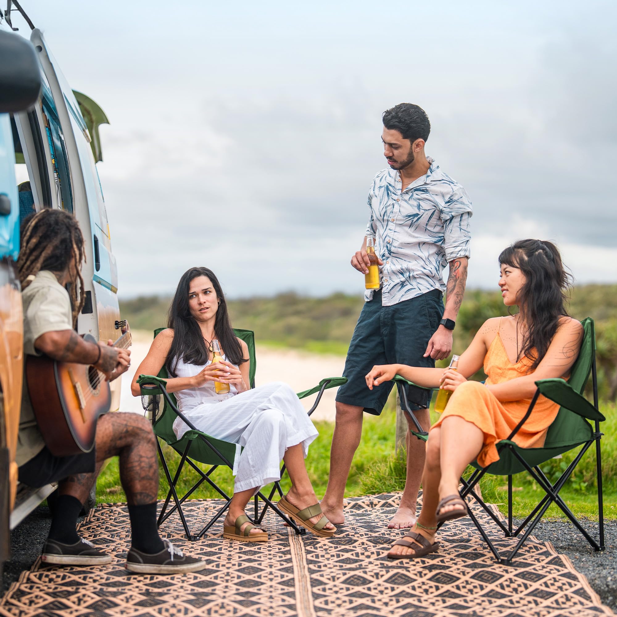 Canpsky green folding chair setup ready on uneven ground for outdoor use