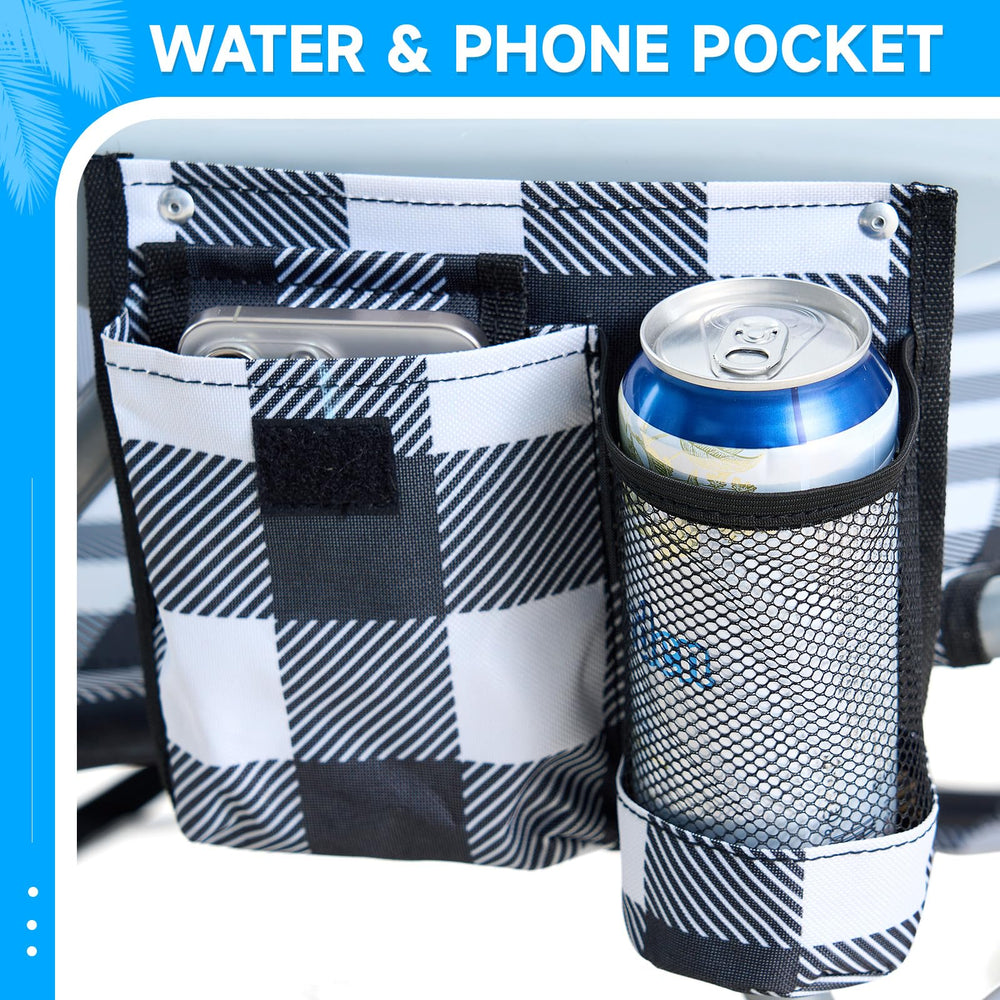 Canpsky chair includes cup holder for convenient hydration at the shore.